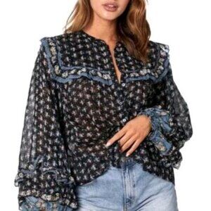 Free People Jenna Floral Printed Blouse Top Night Buttnodown Shirt S